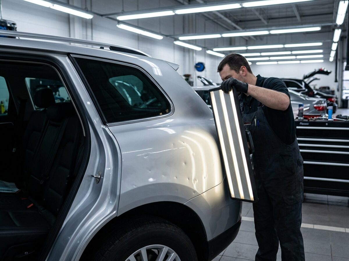 Technician repairing hail dents on a silver SUV with PDR light board